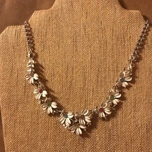 Vintage 60s Emmons Floral Wedding Necklace White Enamel & Pastel Crystals